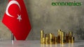 Piles of gold coins on a marble table against the background of the flag of Turkey.