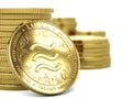 Piles of Libra cryptocurrency with one coin facing towards. Concept coins. 3D rendering