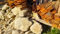 Piles of limestone and wood -stock photo