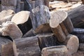 Piles of logs waiting to be cut into firewood. Royalty Free Stock Photo