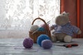 Piles of multi-colored colorful balls from wool on with small to Royalty Free Stock Photo