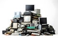 Piles of old computer hardware such as case and monitor, CD-ROMs, floppy disks, keyboard and mouse isolated on white background, Royalty Free Stock Photo