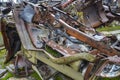 Piles of old rusty soviet crushed trucks in scrap metal yard Royalty Free Stock Photo