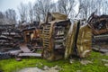 Piles of old rusty soviet crushed trucks in scrap metal yard Royalty Free Stock Photo