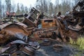 Piles of old rusty soviet crushed trucks in scrap metal yard Royalty Free Stock Photo