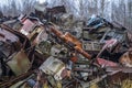 Piles of old rusty soviet crushed trucks in scrap metal yard Royalty Free Stock Photo