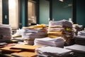 Piles of paperwork and folders in office room. ai generative Royalty Free Stock Photo