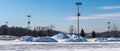 Piles of plowed snow in a parking lot at the Monroeville Mall in Monroeville, Pennsylvania, USA