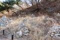 Piles of rocks, withered tree the Bukhansan Mountain national park in the spring in Seoul of South Korea Royalty Free Stock Photo