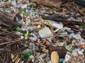 Close up view of pile of plastic waste after floods