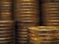 Piles of Russian ten-ruble coins. Blurred background