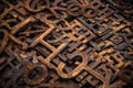 Piles of rusty metal numbers and letters