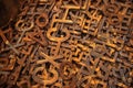 Piles of rusty metal numbers and letters Royalty Free Stock Photo