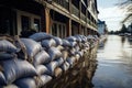 Piles of sandbags on a flooded street during a flood, Flood Protection Sandbags with flooded homes in the background, AI Generated Royalty Free Stock Photo