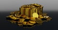 Piles of shiny gold coins with dollar sign. 3D illustration