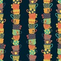 Piles of stacked colorful cups on dark background seamless pattern. Hand drawn vector illustration of tea mugs. For menu, cafe,
