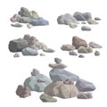 Piles of stones and rocks on white background