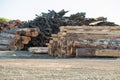 Piles of timber, lumber and recycled wood