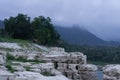 Piles of unique white rocks in the form of blocks arranged like stairs