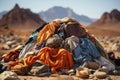 Piles of used clothes form a small hillock in the desert, a clear sign of consumption gone awry.