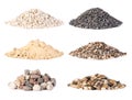 Piles of various gravel, stones and pebbles isolated