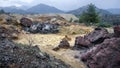 Piles of waste rocks and tailings near abandoned Memi mine in Xyliatos, Cyprus Royalty Free Stock Photo