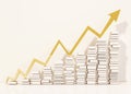 Piles of whiite books step rising up with golden arrows graph, 3d rendered