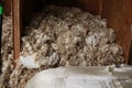 piles of wool piled up on the floors of an old traditional hard wood shearing shed waiting to be baled for the family farm, rural