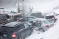 Pileup - Multi crash on road with snow storm. Royalty Free Stock Photo