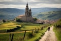 Pilgrim with backpack walking pilgrimage route. Unpaved pilgrim road through small villages, fields and meadows Royalty Free Stock Photo