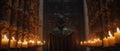 Pilgrim in front of heavy doors in a dark cathedral, AI-generated.