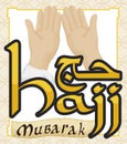 Praying Hands for Hajj Pilgrimage with Arabic Frame and Pattern, Vector Illustration