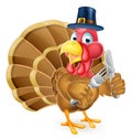 Pilgrim Hat Thanksgiving Cartoon Turkey Holding Knife and Fork