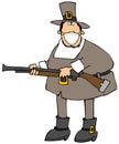 Pilgrim holding his blunderbuss and wearing a face mask