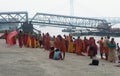 Pilgrim People are taking bath at the riverbank of the Ganges or river Hooghly . Babu Ghat, Kolkata, West Bengal, India. August 2