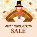 Pilgrim Turkey Bird Cartoon Mascot Character Holding A Happy Thanksgiving Sale Sign. Royalty Free Stock Photo