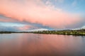 Pilgrimage church Mariaort and the river Naab near Regensburg during a dramatic sunset and clouds after a thunderstorm storm, Germ Royalty Free Stock Photo