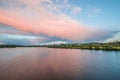 Pilgrimage church Mariaort and the river Naab near Regensburg during a dramatic sunset and clouds after a thunderstorm storm, Germ Royalty Free Stock Photo