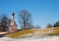 Pilgrimage church Ramsach, near Murnau, blue sky and rests of snow