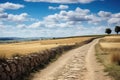 Pilgrimage route in Spain. Unpaved pilgrim road through fields and meadows. Nature blue sky, sunny day