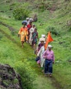 Daundaj, Maharashtra, India - July 12, 2018 : Pilgrims also know as `Varkari` on devotional walk to the holy place of Pandharpur. Royalty Free Stock Photo