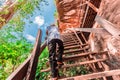 Pilgrims climb the stairs at Phu tok,Bueng kan province,Thailand Royalty Free Stock Photo
