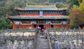 Pilgrims at the entrance to the Purple Cloud Palace - ancient temple is a center of the Taoist Association of Wudang Mountain