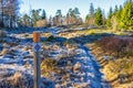 Pilgrims path with a sign on a frosty winter day in the forest Royalty Free Stock Photo