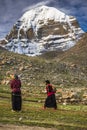 Pilgrims pray in front of Mt Kailash , Kang Rinpoche , holy mountain , Tibet