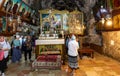 Pilgrims at Tomb of Mary holy place in Church of the Sepulchre of Saint Mary, known as Tomb of Virgin Mary, near Jerusalem, Israel Royalty Free Stock Photo