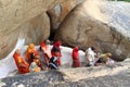 The pilgrims visiting Hanuman Temple at Anjana mountain of Hampi crossing the river