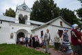 Pilgrims in Vvedensky Tolga convent.Vvedensky Tolga convent. Orthodox women`s monastery in Yaroslavl on the Volga left Bank Royalty Free Stock Photo