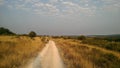 Pilgrims walking on a dirt road on the way of Saint James, camino de santiago, Spain.