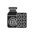 Pill bottle and blister glyph black icon. Pharmaceutical product. Dementia treatment. Sign for web page, mobile app, button, logo